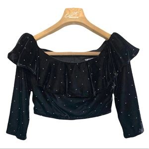 SZ 4•TOPSHOP•BLACK VELVET W GOLD FLECKS - LAYERED / FRILLY / SEXY CROP TOP•